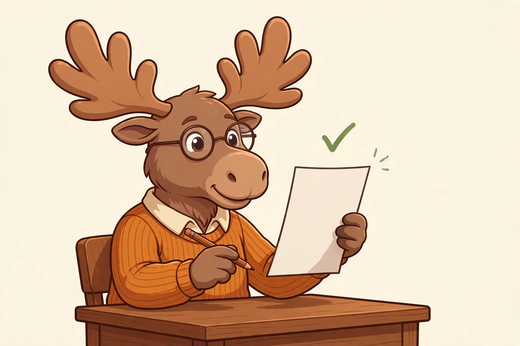 The Institute mascot reviewing a test paper kindly, pencil in hand